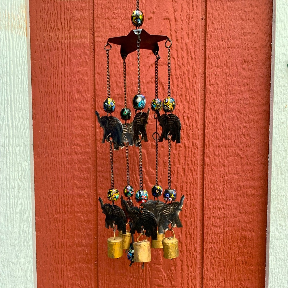 Elephant Boho Wind Chime Mobile w/ Millefiori Porcelain Beads Recycled Cow Bells